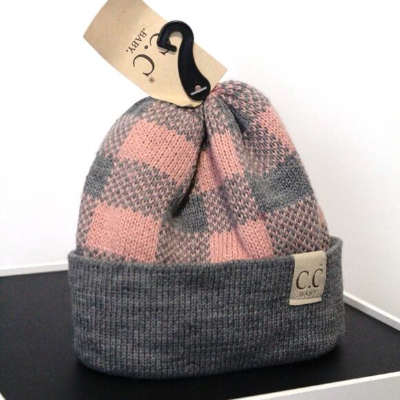CC BABY BUFFALO PLAID CUFF BEANIE GREY / PINK NWT - Picture 1 of 2